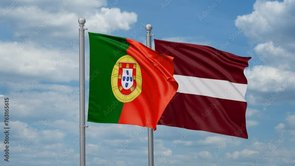 Latvia and Portugal two flags waving together, looped video, two country cooperation concept Latvia and Portugal two flags waving together, looped video, two country cooperation concept