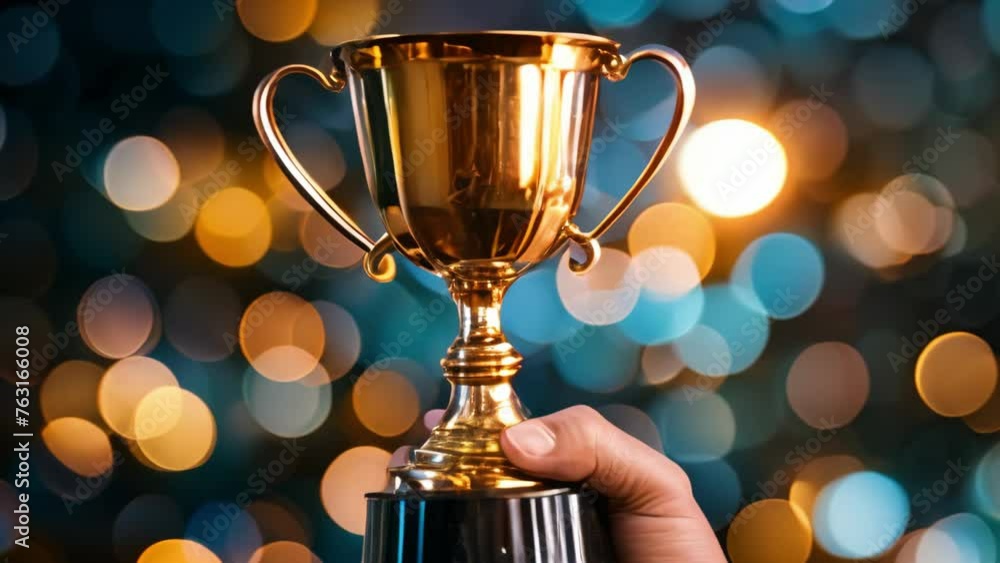 close-up hand of a businessman holding a golden trophy award, bokeh soft blue background, focused and triumphant close-up hand of a businessman holding a golden trophy award, bokeh soft blue background, focused and triumphant