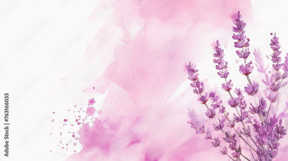Lavender flowers on pink watercolor canvas illustration. - obrazy, fototapety, plakaty 