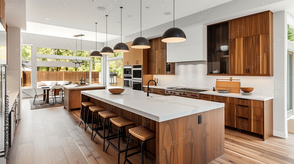 an image of a kitchen inside a stunning new luxury home. Focus on the kitchen island, wooden flooring, and a bright, modern minimalistic design. Leave space for adding informative text or details