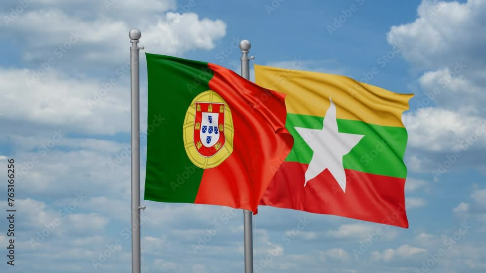 Myanmar aka Burma and Portugal two flags waving together, looped video, two country relations concept Myanmar aka Burma and Portugal two flags waving together, looped video, two country relations concept