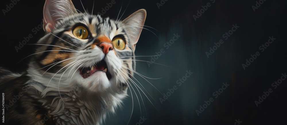 A closeup of a domestic shorthaired cat, a carnivorous mammal from the Felidae family, with its mouth open, showing its whiskers, fangs, and fur A closeup of a domestic shorthaired cat, a carnivorous mammal from the Felidae family, with its mouth open, showing its whiskers, fangs, and fur