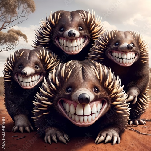 A group of four smiling echidnas in the desert.