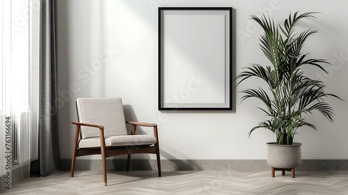 an image of a living room featuring a black mock-up picture frame  a retro armchair  and a potted plant in a stylish composition