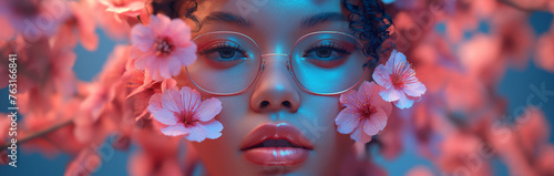face of a woman in glasses with pink flowers around her. 