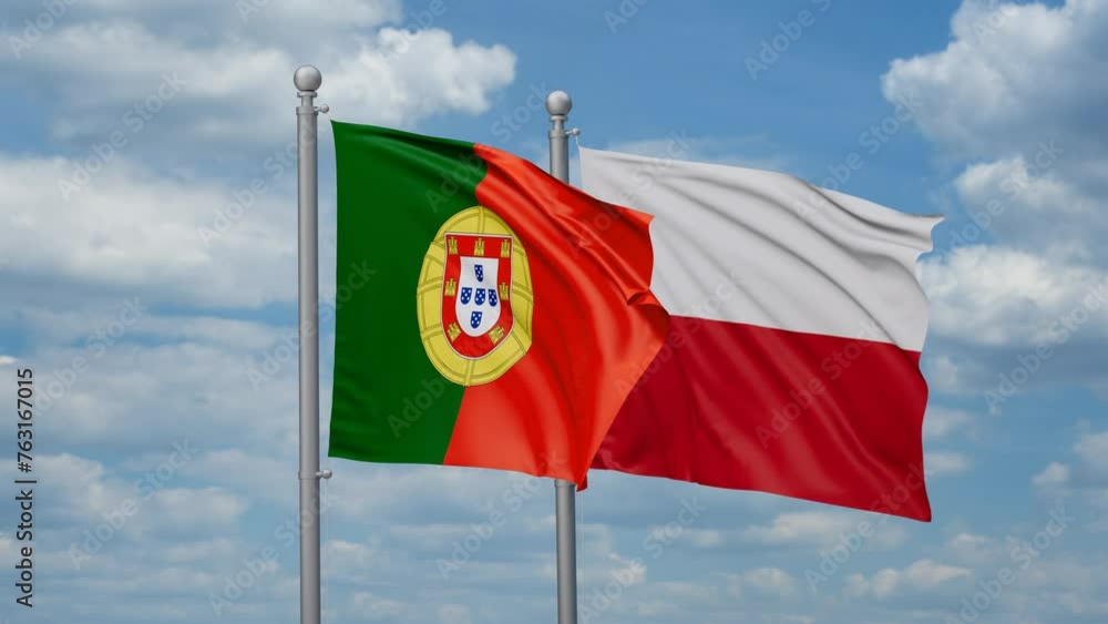 Poland and Portugal two flags waving together, looped video, two country cooperation concept Poland and Portugal two flags waving together, looped video, two country cooperation concept
