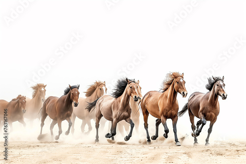 A herd of horses galloped across the dusty sand