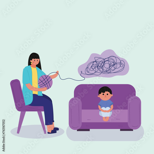 Child psychiatrists work with small boys. Psychological consultation in a hospital, school or kindergarten. Kid psychology after domestic violence or accident concept. illustration, vector