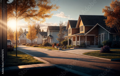 Quiet street in the suburbs at sunset created with Generative AI technology photo