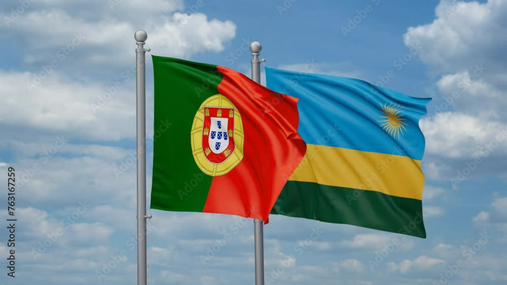 Republic of Rwanda and Portugal two flags waving together, looped video, two country cooperation concept Republic of Rwanda and Portugal two flags waving together, looped video, two country cooperation concept