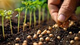 A Close-up of a hand sowing seeds in the fertile soil