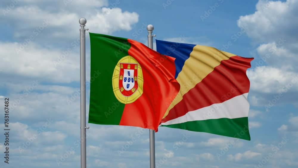 Seychelles and Portugal two flags waving together, looped video, two country cooperation concept Seychelles and Portugal two flags waving together, looped video, two country cooperation concept