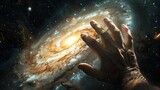 A human hand reaches out to a spiral galaxy