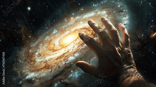 A human hand reaches out to a spiral galaxy © Creative_Bringer