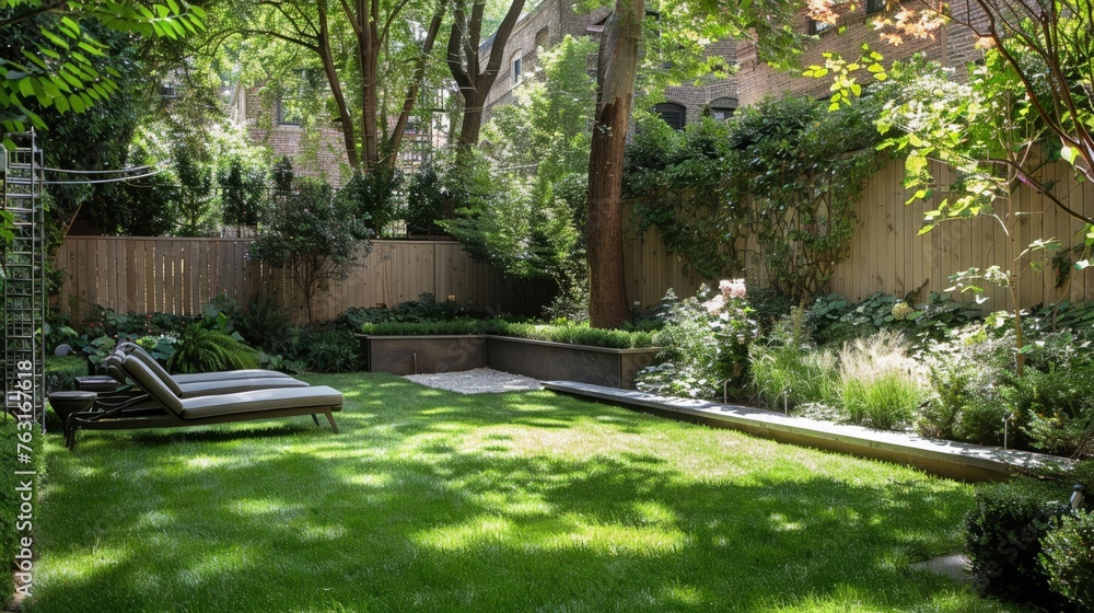 Fototapeta premium A private and expansive backyard garden enclosed by a natural wood fence