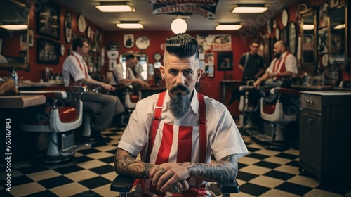 Classic barbershop scene barber styles pompadour checkerboard floor retro feel photo