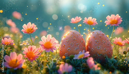 Painted Easter eggs on the grass. Easter eggs for hunt. Sunny positive climate. Beautiful surroundings and cheerful animation. Spring sunlight and fresh flowers in the wind