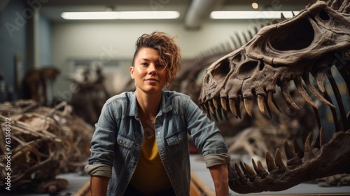 Museum paleontologist assembles dinosaur skeleton fossils and educational backdrop © javier