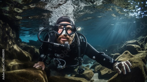 Discovering marine fossils underwater paleontologist in cave stunning water clarity