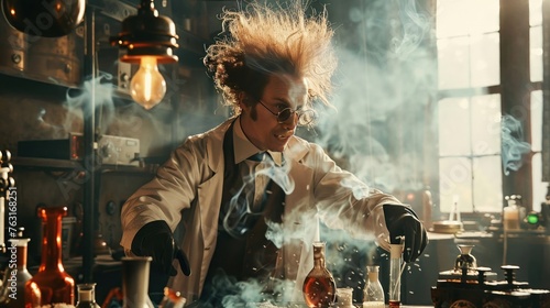 An Eccentric scientist with wild hair in a steampunk-inspired laboratory with smoke and sparks. photo