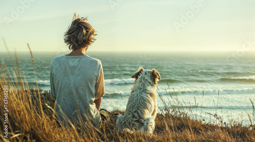 A boy and a dog sitting on a cliff at the sea and looking at the horizon