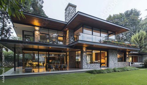 Modern house design with two floors, stone facade and large windows overlooking the green lawn © Kien