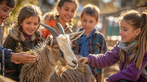 Group of happy children are feeding a domestic goat in a petting zoo