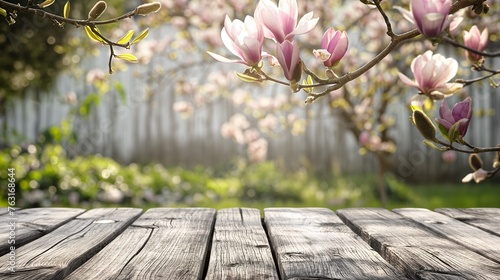 ピンクの木蓮の花と木のテーブル