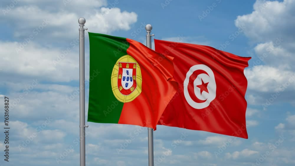 Tunisia and Portugal two flags waving together, looped video, two country cooperation concept Tunisia and Portugal two flags waving together, looped video, two country cooperation concept