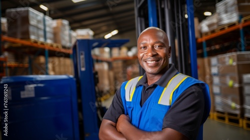 Forklift operation by warehouse janitor blue jumpsuit neat box arrangement