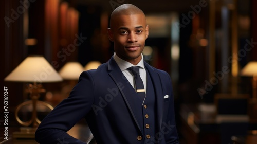 Impeccable hotel concierge service smart attire mahogany desk guest assistance