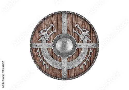 Old decorated wooden round shield isolated on white background 