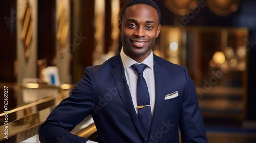 Professional concierge at hotel desk tailored suit ready for guest inquiries