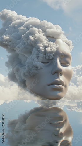 A woman s head with clouds in the background