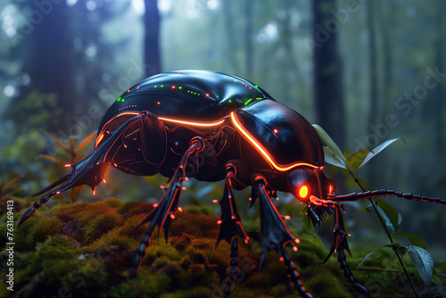 Futuristic beetle Robot structure in Neon Forest © kanurism