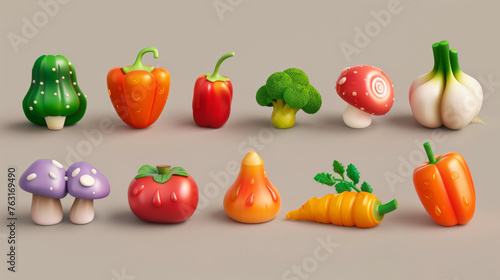A variety of vegetables and mushrooms on a gray background