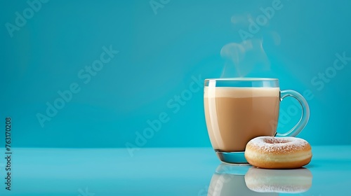 an image of a stylish glass filled with steaming coffee next to a delectable sweet donut on a vibrant blue background, leaving room for text