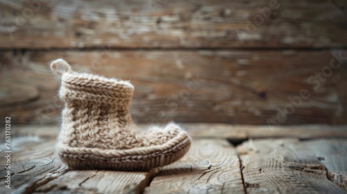 baby's bootee on wooden background
