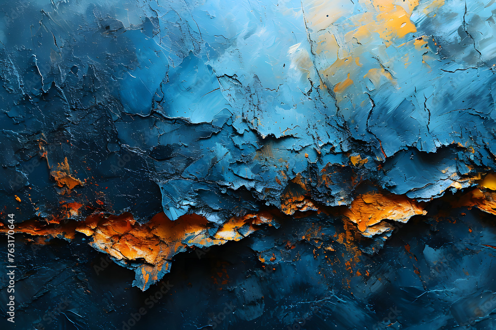 Abstract Blue-Orange Painting with heavy textures, Grunge Painted  Background