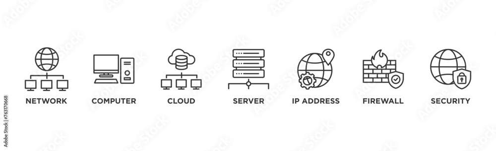 Network technology banner web icon vector illustration concept with icon of network, computer, cloud, server, ip address, firewalland security Network technology banner web icon vector illustration concept with icon of network, computer, cloud, server, ip address, firewalland security