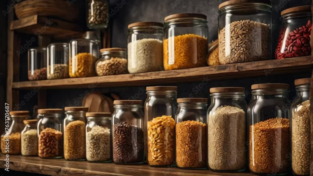 various dry cereals in glass jars in the kitchen various dry cereals in glass jars in the kitchen