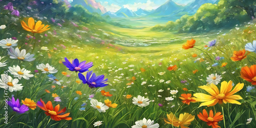 Spring landscape  blossoming field with green grass  colored flowers  blue sky with clouds  trees and mountains on the horizon. Nature illustration.
