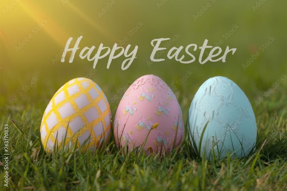 Easter background: Easter ornameted eggs pastel colors on a green grass with text Happy Easter .Easter holiday card concept.