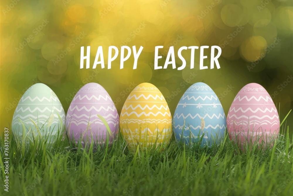 Easter background: Easter ornameted eggs pastel colors ao a green grass with text Happy Easter at garden background. Easter holiday card concept.