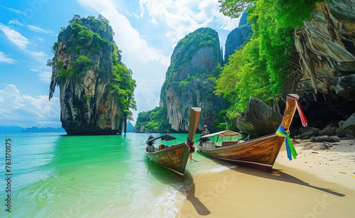 The breathtaking island of Phuket, Thailand with its iconic James Bond beach and traditional longtail boats