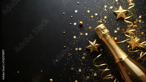 Champagne bottle with golden stars and confetti on black background, top view