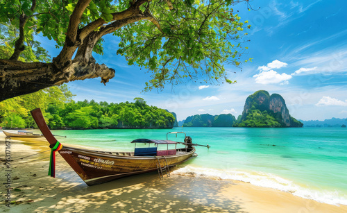 The breathtaking island of Phuket, Thailand with its iconic James Bond beach and traditional longtail boats © Kien