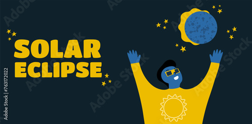 Solar eclipse background. 
A man watches an astronomical phenomenon. Vector illustration