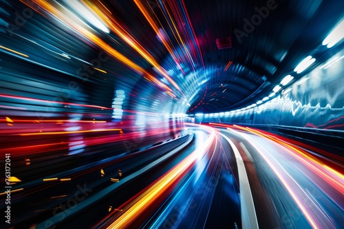 A blurry tunnel with bright lights shining, creating a dynamic and futuristic atmosphere