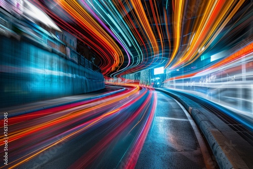 Cars streak by with lights blurred, creating dynamic patterns on a bustling city street at night